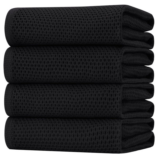 Picture of Homaxy 100% Cotton Oversized Waffle Weave Kitchen Dish Towels, Ultra Soft Absorbent Quick Drying Cleaning Towel, 20 x 28 Inches, 4-Pack, Black