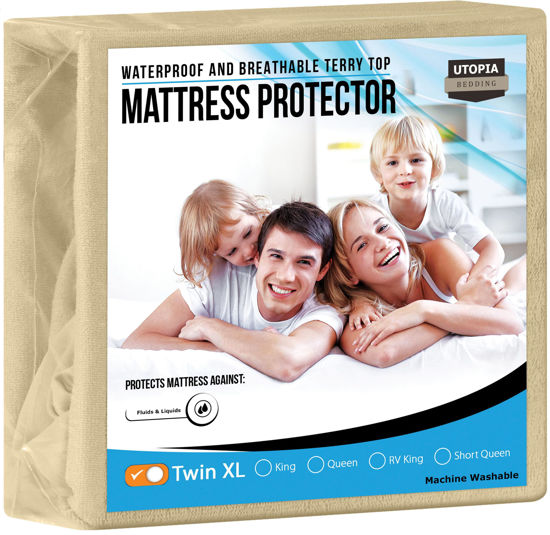 Picture of Utopia Bedding Waterproof Mattress Protector Twin XL Size, Premium Terry Mattress Cover 200 GSM, Breathable, Fitted Style with Stretchable Pockets (Beige)