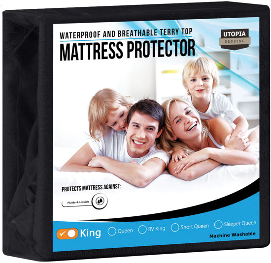 Picture of Utopia Bedding Waterproof Mattress Protector King Size, Premium Terry Mattress Cover 200 GSM, Breathable, Fitted Style with Stretchable Pockets (Black)