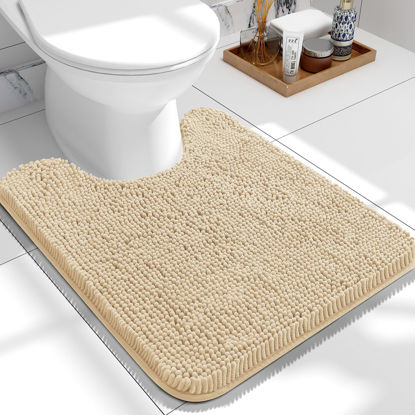 Picture of OLANLY Toilet Rugs U-Shaped 24x20, Extra Soft Absorbent Chenille Contour Bathroom Rugs, Dry Quickly, Machine Washable, Non-Slip Bath Mat for Toilet Base, Beige