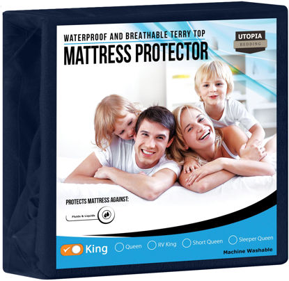 Picture of Utopia Bedding Waterproof Mattress Protector King Size, Premium Terry Mattress Cover 200 GSM, Breathable, Fitted Style with Stretchable Pockets (Navy Blue)