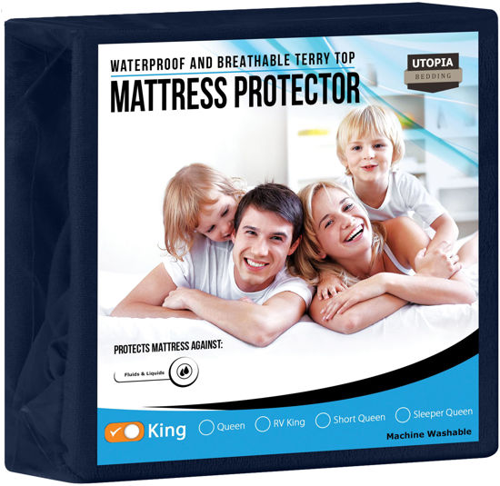 Picture of Utopia Bedding Waterproof Mattress Protector King Size, Premium Terry Mattress Cover 200 GSM, Breathable, Fitted Style with Stretchable Pockets (Navy Blue)