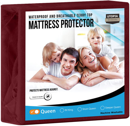 Picture of Utopia Bedding Waterproof Mattress Protector Queen Size, Premium Terry Mattress Cover 200 GSM, Breathable, Fitted Style with Stretchable Pockets (Burgundy)