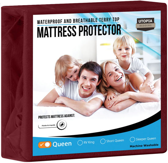 Picture of Utopia Bedding Waterproof Mattress Protector Queen Size, Premium Terry Mattress Cover 200 GSM, Breathable, Fitted Style with Stretchable Pockets (Burgundy)