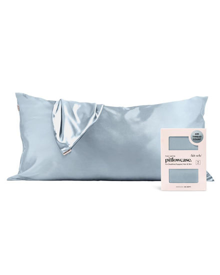 Picture of Kitsch Satin Pillowcase with Zipper for Hair and Skin, Softer Than Silk Pillow Cases King, Cooling Pillow Covers, Machine Washable, Wrinkle-Free, Smooth Satin Pillow Cases King Size 19"x36", Haze Blue