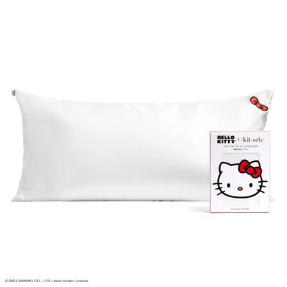 Picture of Kitsch Hello Kitty Satin Pillowcase with Zipper for Hair, Softer Than Silk Pillow Cases King, Cooling Pillow Covers, Machine Washable Wrinkle-Free, Satin Pillow Cases King 19x36, Solid Ivory Kitty Bow
