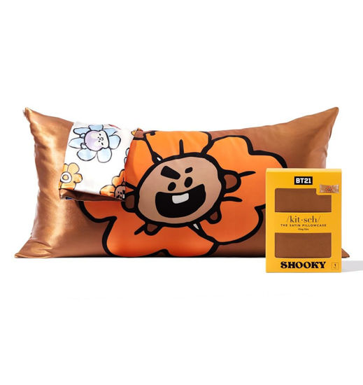 Picture of Kitsch x BT21 Satin Pillowcase with Zipper for Hair & Skin, Softer Than Silk Pillow Cases King, Cooling Pillow Covers, Machine Washable, Wrinkle-Free, Smooth Satin Pillow Cases King Size 19x36, Shooky
