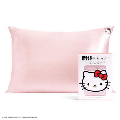 Picture of Kitsch Hello Kitty Satin Pillowcase with Zipper for Hair Skin, Softer Than Silk Pillow Cases, Queen Pillow Covers, Machine Washable Wrinkle-Free Satin Pillow Cases Standard Size, Solid Pink Kitty Face