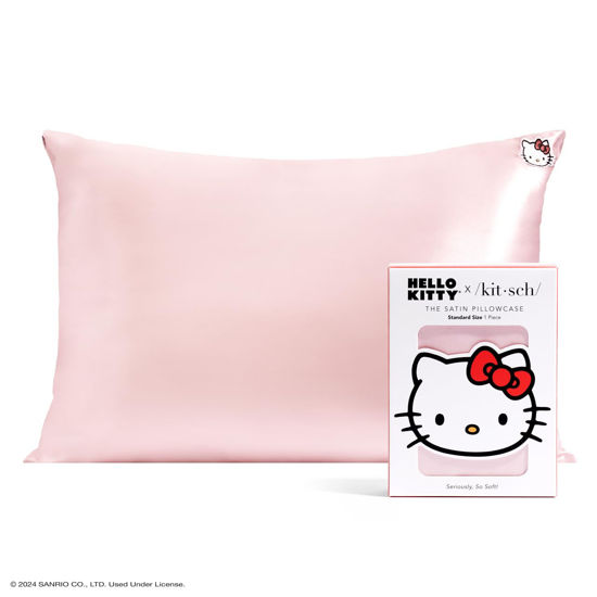 Picture of Kitsch Hello Kitty Satin Pillowcase with Zipper for Hair Skin, Softer Than Silk Pillow Cases, Queen Pillow Covers, Machine Washable Wrinkle-Free Satin Pillow Cases Standard Size, Solid Pink Kitty Face