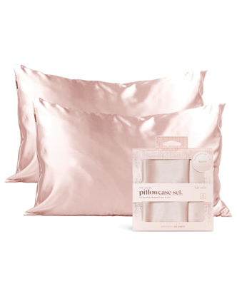 Picture of Kitsch Satin Pillowcase with Zipper for Hair and Skin Queen Size, Softer Than Silk Pillow Cases, 2 Pack Cooling Pillow Covers, Machine Washable, Satin Pillow Cases Standard Size Set of 2 19"x26" Blush
