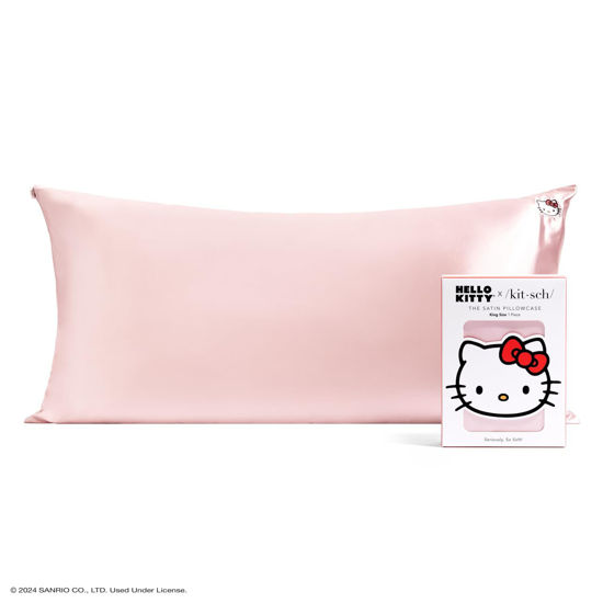 Picture of Kitsch Hello Kitty Satin Pillowcase with Zipper for Hair, Softer Than Silk Pillow Cases King, Cooling Pillow Covers, Machine Washable Wrinkle-Free, Satin Pillow Cases King 19x36, Solid Pink Kitty Face