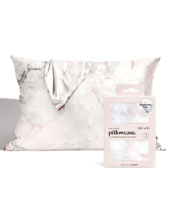 Picture of Kitsch Satin Pillowcase with Zipper for Hair & Skin, Softer Than Silk Pillow Cases Queen, Smooth Pillow Covers, Machine Washable, Wrinkle-Free, Cooling Satin Pillow Cases Standard Size 19"x26", Marble