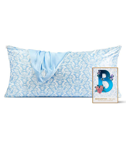 Picture of Kitsch x Bridgerton Satin Pillowcase with Zipper for Hair & Skin, Softer Than Silk Pillow Cases King, Cooling Pillow Covers, Machine Washable Wrinkle-Free, Satin Pillow Cases King 19x36, Toile de Blue