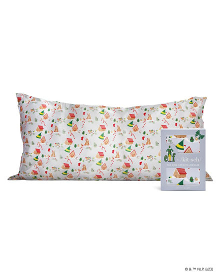 Picture of Kitsch x Elf Satin Pillowcase with Zipper for Hair & Skin, Softer Than Silk Pillow Cases King, Cooling Pillow Covers, Machine Washable Wrinkle-Free, Satin Pillow Cases King 19x36, Periwinkle Christmas