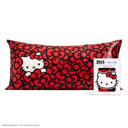 Picture of Kitsch Hello Kitty Satin Pillowcase with Zipper for Hair, Softer Than Silk Pillow Cases King, Cooling Pillow Covers Machine Washable Wrinkle-Free Satin Pillow Cases King, Kitty Bathes in a Sea of Bows