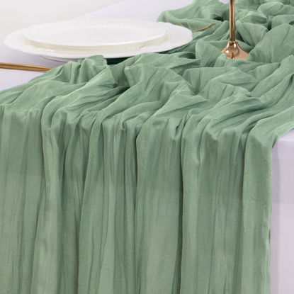 Picture of Socomi Sage Green Cheesecloth Table Runner Spring Easter St Patrick's Day Gauze Boho120 inch Cheese Cloth Runner Rustic Table Runner for Wedding Party Baby Shower Birthday Decor Sage Green