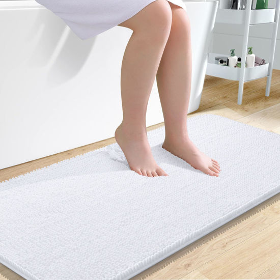 Picture of OLANLY Bathroom Rugs 47x24, Extra Soft Absorbent Chenille Bath Rugs, Rubber Backing Quick Dry, Machine Washable Bath Mats for Bathroom Floor, Tub and Shower, Home Decor Accessories, White