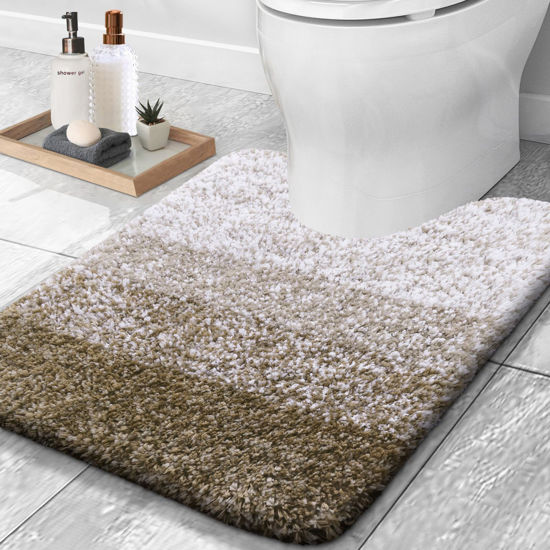 Picture of OLANLY Luxury Toilet Rugs U-Shaped 24x20, Extra Soft and Absorbent Microfiber Bathroom Rugs, Non-Slip Plush Shaggy Bath Mat, Machine Wash Dry, Contour Bathroom Mats for Toilet Base, Coffe