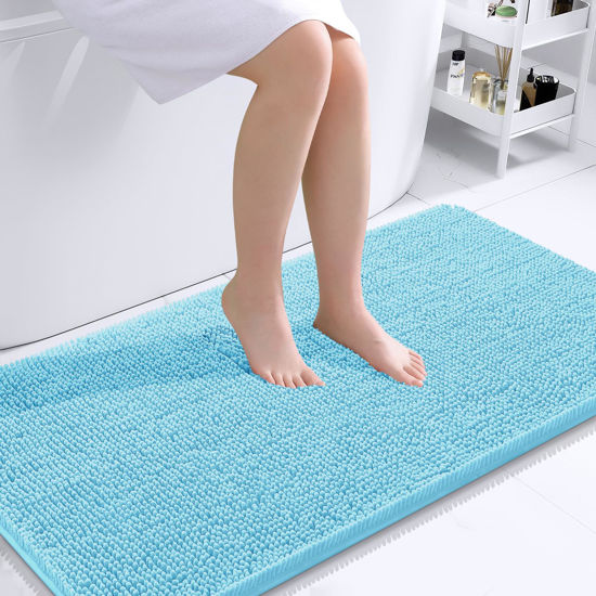 Picture of OLANLY Bathroom Rugs 44x24, Extra Soft Absorbent Chenille Bath Rugs, Rubber Backing Quick Dry, Machine Washable Bath Mats for Bathroom Floor, Tub and Shower, Home Decor Accessories, Sky Blue