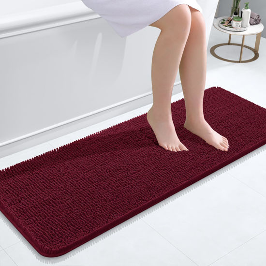 Picture of OLANLY Bathroom Rugs 47x17, Extra Soft Absorbent Chenille Bath Rugs, Rubber Backing Quick Dry, Machine Washable Bath Mats for Bathroom Floor, Tub and Shower, Home Decor Accessories, Burgundy