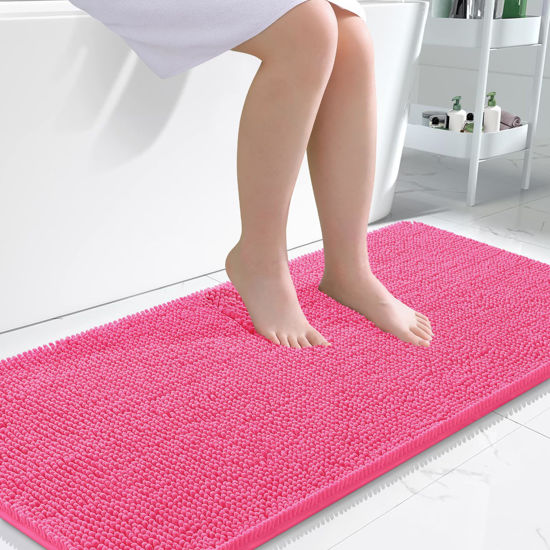 Picture of OLANLY Bathroom Rugs 47x24, Extra Soft Absorbent Chenille Bath Rugs, Rubber Backing Quick Dry, Machine Washable Bath Mats for Bathroom Floor, Tub and Shower, Home Decor Accessories, Hot Pink