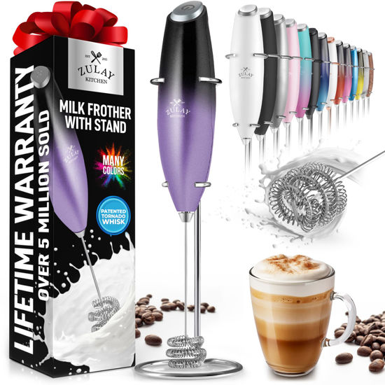 Picture of Zulay Kitchen Tornado Whisk Milk Frother Handheld - Coffee Frother Wand With Stand - Triple Whisk Hand Held Mixer - Electric Stirrer Frothing Wand for Latte, Matcha, Protein Powder - Black Purple Fade
