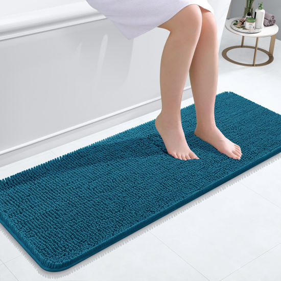 Picture of OLANLY Bathroom Rugs 47x17, Extra Soft Absorbent Chenille Bath Rugs, Rubber Backing Quick Dry, Machine Washable Bath Mats for Bathroom Floor, Tub and Shower, Home Decor Accessories, Peacock Blue