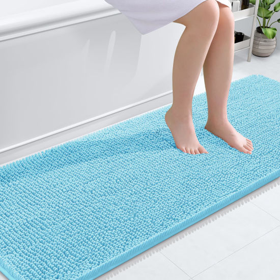Picture of OLANLY Bathroom Rugs 70x24, Extra Soft Absorbent Chenille Bath Rugs, Rubber Backing Quick Dry, Machine Washable Bath Mats for Bathroom Floor, Tub and Shower, Home Decor Accessories, Sky Blue