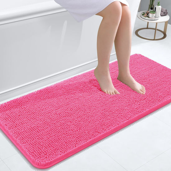 Picture of OLANLY Bathroom Rugs 47x20, Extra Soft Absorbent Chenille Bath Rugs, Rubber Backing Quick Dry, Machine Washable Bath Mats for Bathroom Floor, Tub and Shower, Home Decor Accessories, Hot Pink