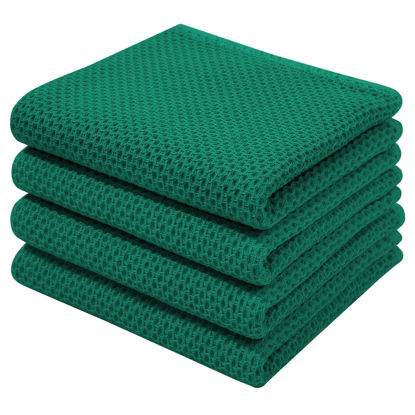 Picture of Homaxy 100% Cotton Waffle Weave Kitchen Dish Towels, Ultra Soft Absorbent Quick Drying Cleaning Towel, 13x28 Inches, 4-Pack, Dark Green