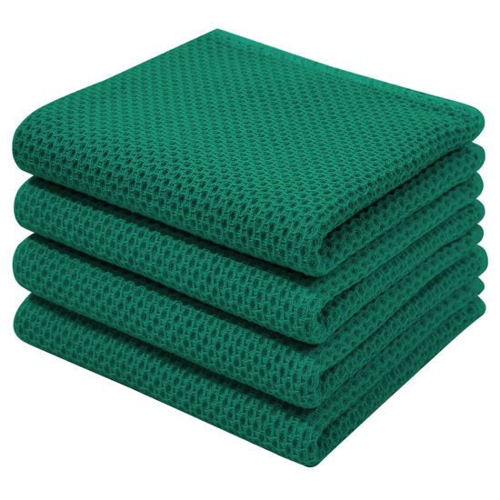 Picture of Homaxy 100% Cotton Waffle Weave Kitchen Dish Towels, Ultra Soft Absorbent Quick Drying Cleaning Towel, 13x28 Inches, 4-Pack, Dark Green