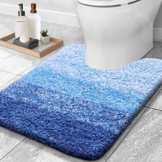 Picture of OLANLY Luxury Toilet Rugs U-Shaped 24x20, Extra Soft and Absorbent Microfiber Bathroom Rugs, Non-Slip Plush Shaggy Bath Mat, Machine Wash Dry, Contour Bathroom Mats for Toilet Base, Light Royal Blue