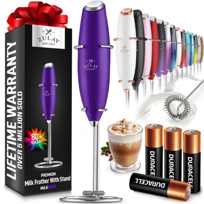 Picture of Zulay Powerful Milk Frother (4 Duracell Batteries Included) - Handheld Milk Frother Wand Drink Mixer for Coffee - Powerful Milk Foamer for Cappuccino, Frappe, Matcha & Coffee Creamer - Deep Purple