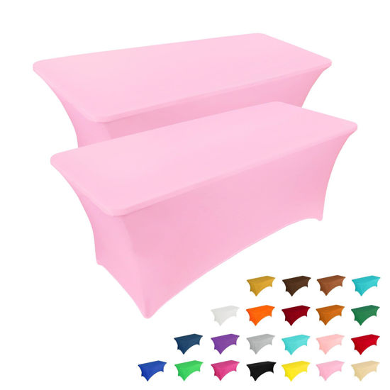 Picture of IVAPUPU 2 Pack 4FT Table Cloth for Rectangular Fitted Events Stretch Pink Table Covers Washable Table Cover Spandex Tablecloth Table Protector for Party, Wedding, Cocktail, Banquet, Festival