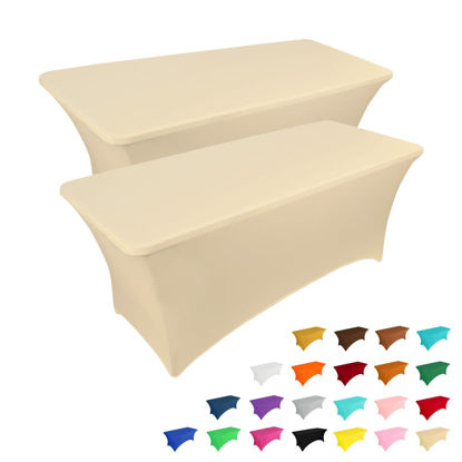 Picture of IVAPUPU 2 Pack 8FT Table Cloth for Rectangular Fitted Events Stretch Champagne Table Covers Washable Table Cover Spandex Tablecloth Table Protector for Party, Wedding, Cocktail, Banquet, Festival