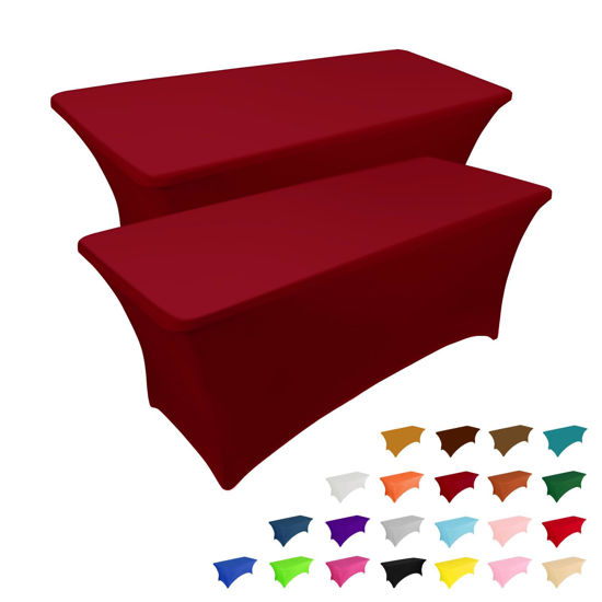Picture of IVAPUPU 2 Pack 4FT Table Cloth for Rectangular Fitted Events Stretch Burgundy Table Covers Washable Table Cover Spandex Tablecloth Table Protector for Party, Wedding, Cocktail, Banquet, Festival
