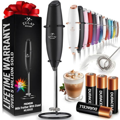 Picture of Zulay Powerful Milk Frother (4 Duracell Batteries Included) - Handheld Milk Frother Wand Drink Mixer for Coffee - Powerful Milk Foamer for Cappuccino, Frappe, Matcha & Creamer - Exec Black/Black Stand