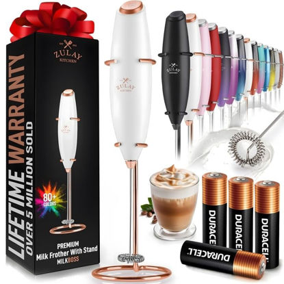 Picture of Zulay Powerful Milk Frother (4 Duracell Batteries Included) - Handheld Milk Frother Wand Drink Mixer for Coffee - Powerful Milk Foamer for Cappuccino, Matcha - Exec White & Rose Gold