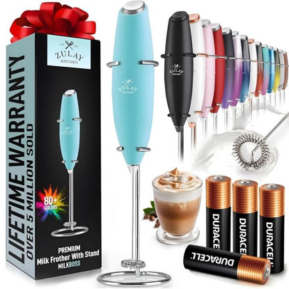 Picture of Zulay Powerful Milk Frother Handheld Foam Maker for Lattes - Whisk Drink Mixer for Coffee, Mini Foamer for Cappuccino, Frappe, Matcha, Hot Chocolate by Milk Boss (Caribbean Aqua)
