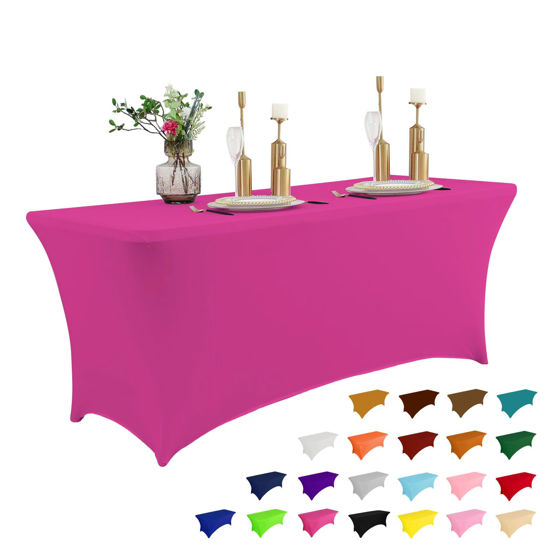Picture of IVAPUPU 4FT Table Cloth for Rectangular Fitted Events Stretch Fuchsia Table Covers Washable Table Cover Spandex Tablecloth Table Protector for Party, Wedding, Cocktail, Banquet, Festival
