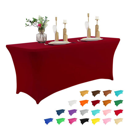 Picture of IVAPUPU 6FT Table Cloth for Rectangular Fitted Events Stretch Burgundy Table Covers Washable Table Cover Spandex Tablecloth Table Protector for Party, Wedding, Cocktail, Banquet, Festival