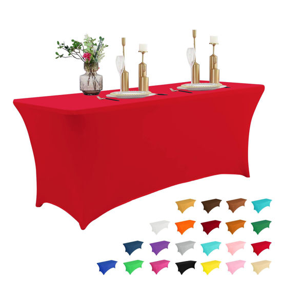 Picture of IVAPUPU 4FT Table Cloth for Rectangular Fitted Events Stretch Red Table Covers Washable Table Cover Spandex Tablecloth Table Protector for Party, Wedding, Cocktail, Banquet, Festival