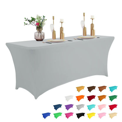 Picture of IVAPUPU 6FT Table Cloth for Rectangular Fitted Events Stretch Grey Table Covers Washable Table Cover Spandex Tablecloth Table Protector for Party, Wedding, Cocktail, Banquet, Festival