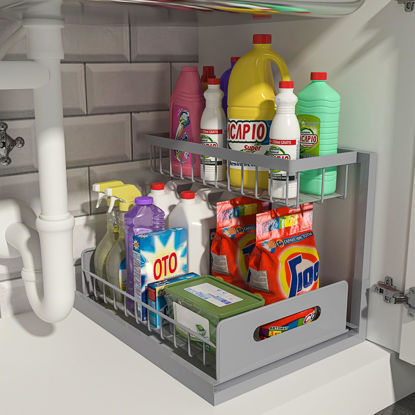 Picture of REALINN Under Sink Organizer, Pull Out Cabinet Organizer 2 Tier Slide Out Sink Shelf Cabinet Storage Shelves, Storage for Kitchen Bathroom, Grey, 1 Pack
