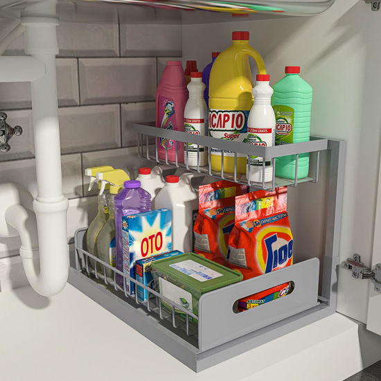 Picture of REALINN Under Sink Organizer, Pull Out Cabinet Organizer 2 Tier Slide Out Sink Shelf Cabinet Storage Shelves, Storage for Kitchen Bathroom, Grey, 1 Pack