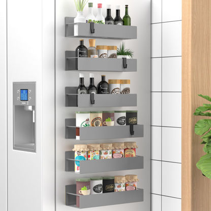 Picture of HuggieGems 6 Pack Magnetic Spice Storage Rack Organizer for Refrigerator and Oven, Gray Fridge Organizers and Storage