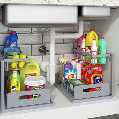 Picture of REALINN Under Sink Organizer, Pull Out Cabinet Organizer 2 Tier Slide Out Sink Shelf Cabinet Storage Shelves, Storage for Kitchen Bathroom, Grey, 2 Pack