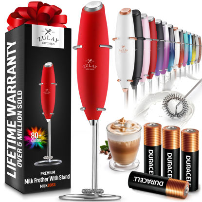 Picture of Zulay Powerful Milk Frother (4 Duracell Batteries Included) - Handheld Milk Frother Wand Drink Mixer for Coffee - Powerful Milk Foamer for Cappuccino, Frappe, Matcha & Coffee Creamer - Red