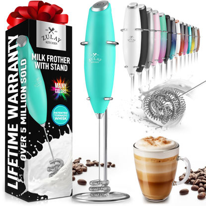 Picture of Zulay Kitchen Tornado Whisk Milk Frother Handheld - Coffee Frother Wand With Stand - Triple Whisk Hand Held Mixer - Electric Stirrer Frothing Wand for Latte, Matcha, Protein Powder - Caribbean Aqua