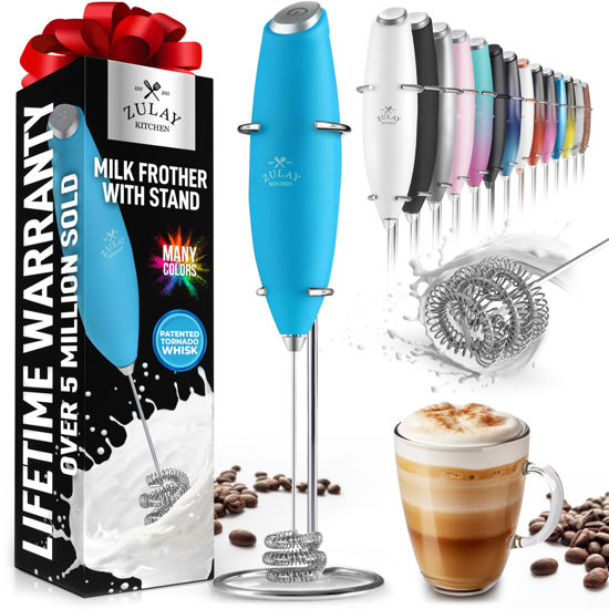 Picture of Zulay Kitchen Tornado Whisk Milk Frother Handheld - Coffee Frother Wand With Stand - Triple Whisk Hand Held Mixer - Electric Stirrer Frothing Wand for Latte, Matcha, Protein Powder - Blue Teal